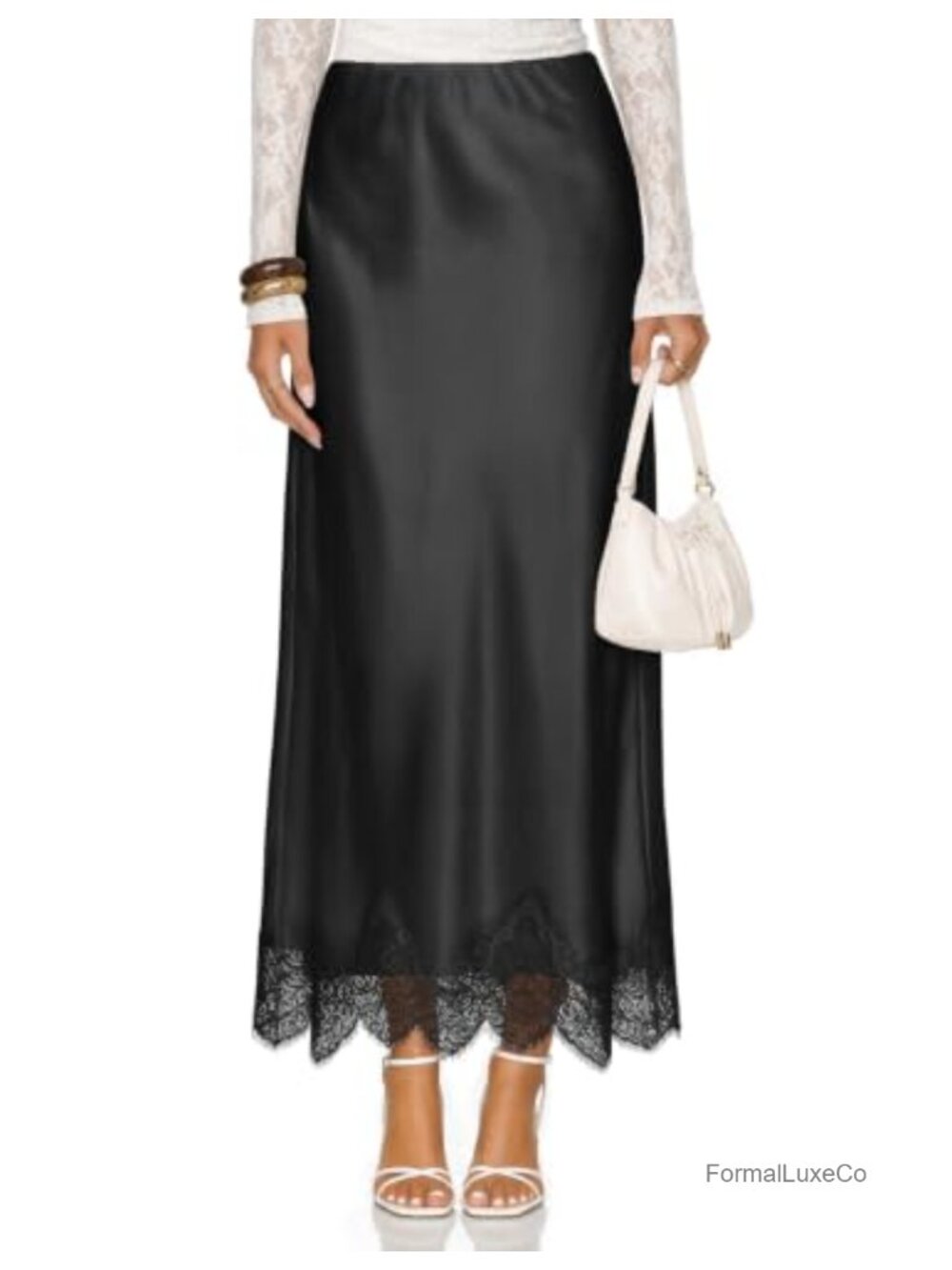 Satin Lace Trim Maxi Skirt High Waisted Long Flowy Skirt